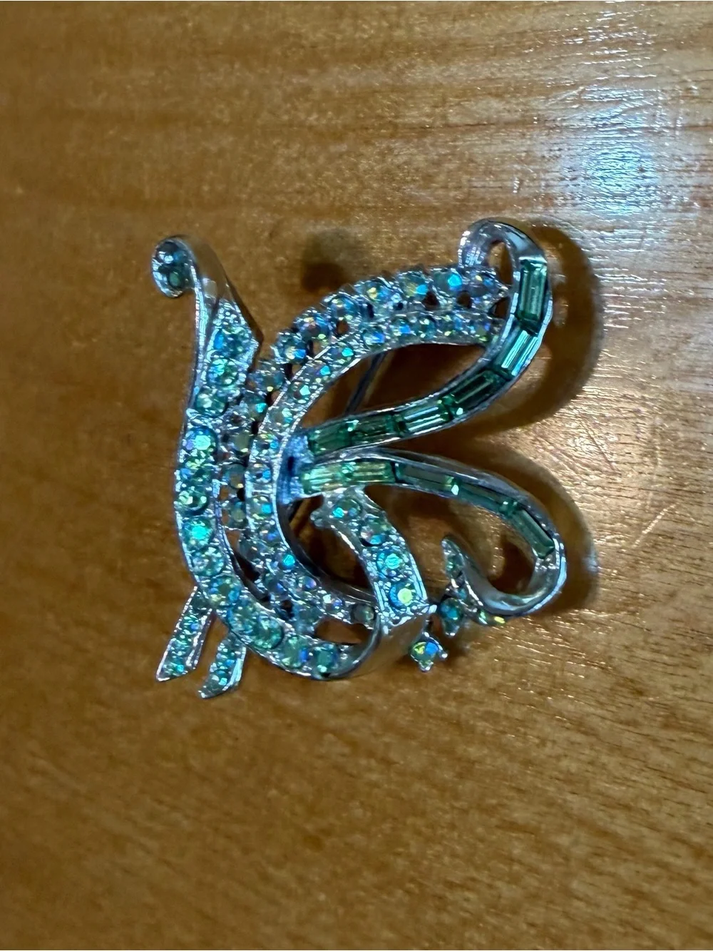 Vintage Swirl Brooch in Light Green and Light Green Aurora Borealis Rhinestones